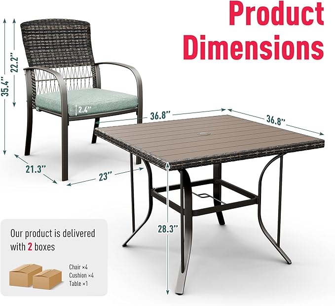 Pamapic 5 Piece Patio Dining Set, Green, Weather Resistant PE Rattan Table and Chairs, Comfortable Cushions, Easy Maintenance - LeafyLoom