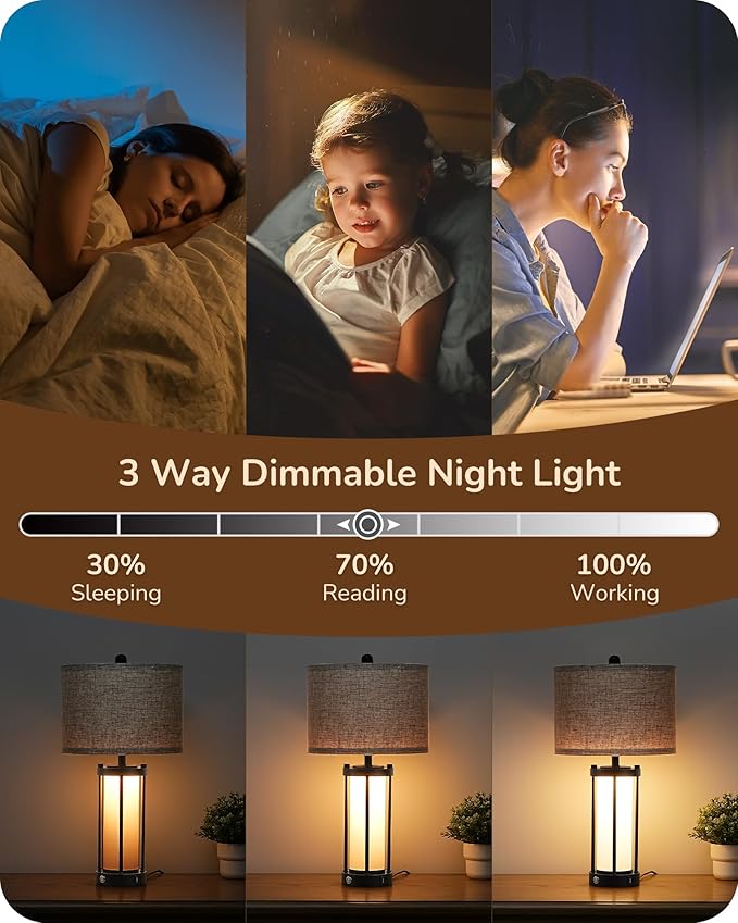 EDISHINE 22.44" Farmhouse Table Lamps with Night Light, 3 Way Dimmable Touch Control Bedside Lamp Set of 2, Rustic Nightstand Lamp for Living Room, Bedroom, A+C USB Ports, Frosted Glass Shade - LeafyLoom