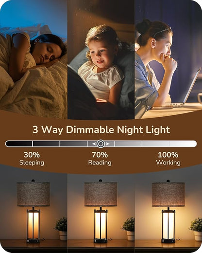 EDISHINE 22.44" Farmhouse Table Lamps with Night Light, 3 Way Dimmable Touch Control Bedside Lamp Set of 2, Rustic Nightstand Lamp for Living Room, Bedroom, A+C USB Ports, Frosted Glass Shade - LeafyLoom