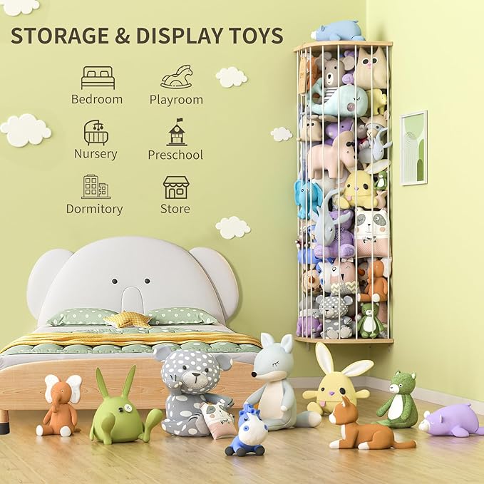 Stuffed Animal Storage for Plushie Toys - Large Wood Corner Hanging Pet Storage with Sky Pattern, Length Adjustable Toy Organizer Shelf for Nursery Play Room Bedroom Kid Room - LeafyLoom