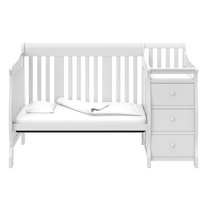 Storkcraft Portofino 5-in-1 Convertible Crib and Changer (White) – Changing-Table Combo with Drawer, Converts to Toddler Bed, Daybed Full-Size Storage Drawer - LeafyLoom