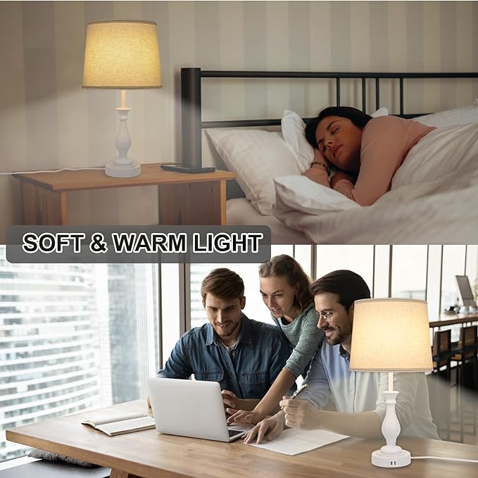 Farmhouse Table Lamp Touch Control 3-Way Dimmable Table Lamp, Modern Nightstand Lamp with 2 USB Port Bedside Desk Lamp with Fabric Shade for Living Room Bedroom Hotel (Pack-01 White) - LeafyLoom