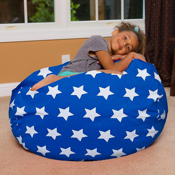 Posh Creations Bean Bag Chair for Kids, Teens, and Adults Includes Removable and Machine Washable Cover, 38in - Large, Canvas White Stars on Blue - LeafyLoom