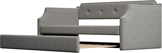 Twin Size Upholstered Daybed with Trundle, Sofa Bed Wood DayBed Frame, No Box Spring Needed, Gray - LeafyLoom