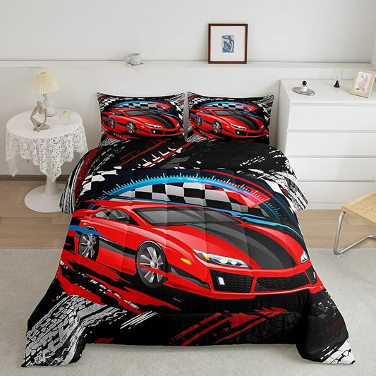 Car Bedding Set for Boys Queen Size Racing Sports Car Comforter Kids Extreme Sports Theme Comforter Set Girls Children Bedroom Teens Cool Speed Automobile Decor Bed Duvet Set Soft Lightweight - LeafyLoom