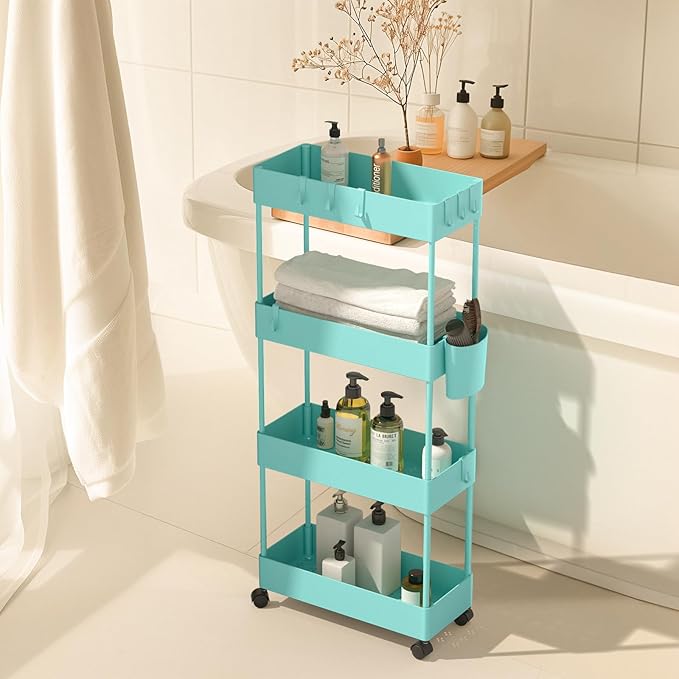 Pipishell Slim Storage Cart with Wheels, 4 Tier Bathroom Storage Organizer Rolling Utility Cart for Bathroom Kitchen Laundry Room Office Narrow Place (Turquoise) - LeafyLoom