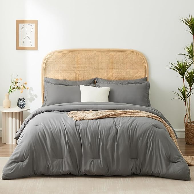 King bed in a bag 7 pieces bedding comforter set with Comforter and Sheets Grey King bed set with sheets,Pillow Shams, Flat Sheet, Fitted Sheet and Pillowcases - LeafyLoom