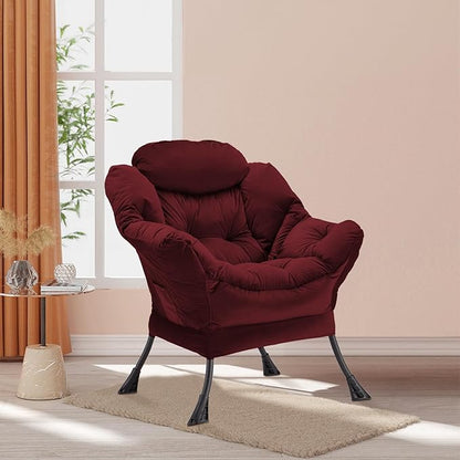 Lazy Chair Thick Padded, Accent Chair Velvet Upholstered with Wide Seat, Stable Metal Frame and Non-Slip Pad, Modern Sofa Armchair with Side Storage Bag for Dorm, Room, Office, Burgundy - LeafyLoom