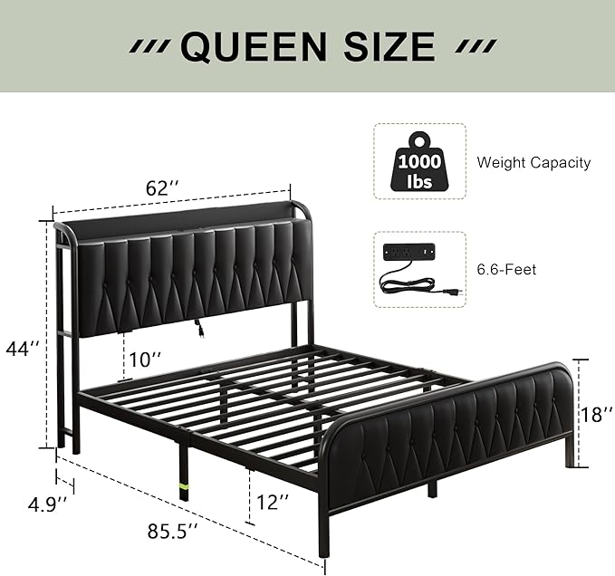 Feonase Queen Bed Frame with Type-C & USB Port, Metal Platform Beds, with Faux Leather Upholstered Headboard & Footboard, 12" Underbed Storage Space, Easy Assembly, Noise-Free, Black - LeafyLoom