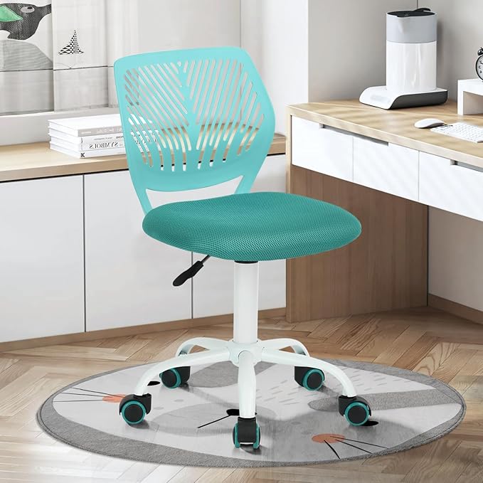 FurnitureR Desk Chair Small Study Chairs Armless for Child Kids Teens, Swivel Rolling Lightweight Task Chair with Wheels and Mesh Padded Cushion, Turquoise - LeafyLoom