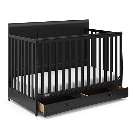 Graco Asheville 4-in-1 Convertible Crib with Drawer (Black) – GREENGUARD Gold Certified, Crib with Drawer Combo, Full-Size Nursery Storage Drawer, Converts to Toddler Bed, Daybed and Full-Size Bed - LeafyLoom