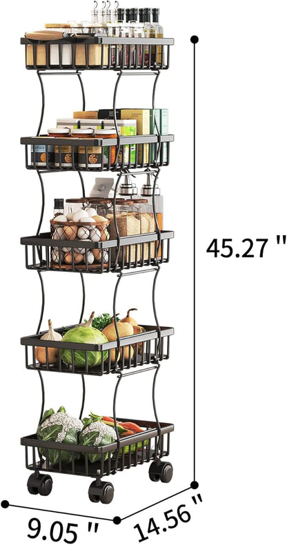 Wisdom Star 5 Tier Fruit Vegetable Basket for Kitchen, Fruit Vegetable Storage Cart, Vegetable Basket Bins, Wire Storage Basket Organizer Utility Cart with Wheels, Medium, Black - LeafyLoom