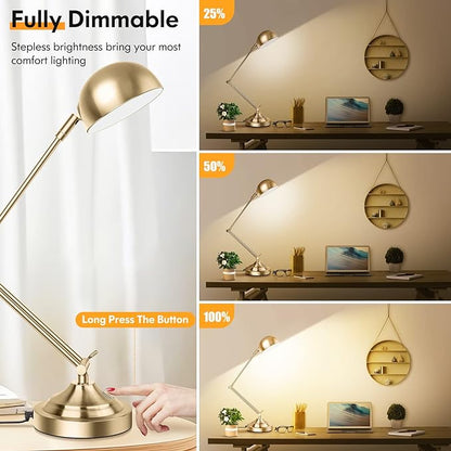 Architect Gold Desk Lamp Dimmable with USB Port, Adjustable Touch Control Vintage Desk Lamp 3 Color Modes, Brass Metal Desk Lamp Retro Style Reading Light for Home Office Desk Bedside Table - LeafyLoom