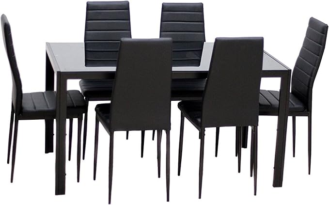 IDS Home 7 Piece Glass Dining Table and Chair Set for 6 Kitchen Dining Room Furniture Rust Resistant Metal Leg Frame Black - LeafyLoom