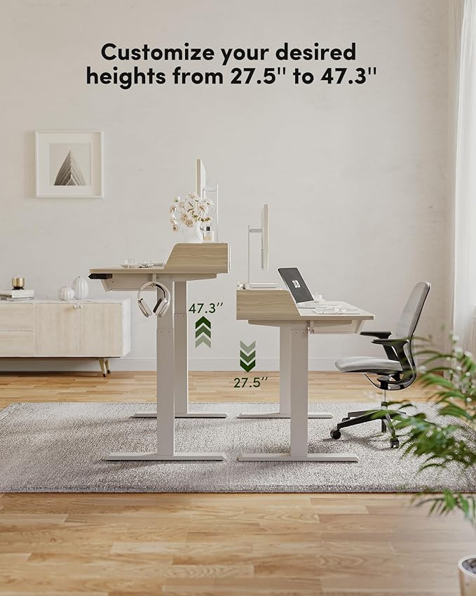 BANTI Height Adjustable Electric Standing Desk with Three Drawers, 48 x 25 Inch Table with Storage Shelf, Sit Stand Desk with Storage Space, Splice Board with White Frame/Light Walnut Top, 48 inch - LeafyLoom