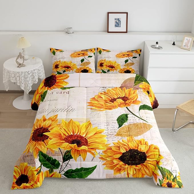 Girls Sunflowers Comforter Set Twin Size Retro Yellow Sunflower Bedding Set for Kids Teens Women Botanical Flowers Duvet Insert Vintage Floral Letters Down Comforter Kids Bedding Set, 2 Pieces - LeafyLoom