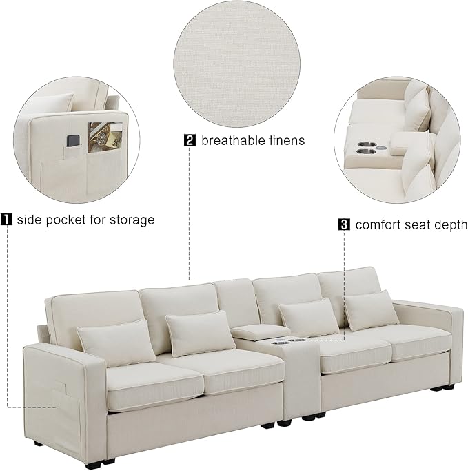 114.2" Linen Upholstered Sofa with Consoleand 2 USB Ports Wired or Wirelessly Charged,Modern 4-Seat Couches W/ 4 Pillows and Two Cupholders,for Living Room,Apartment,Beige - LeafyLoom