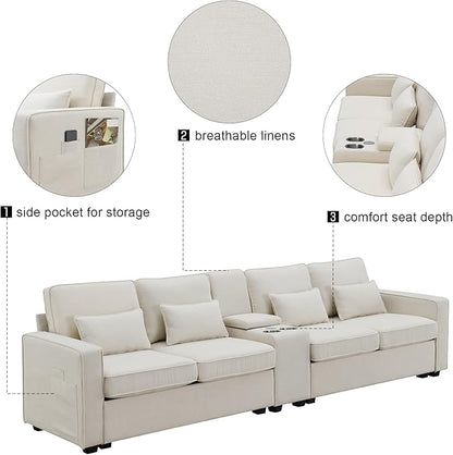 114.2" Linen Upholstered Sofa with Consoleand 2 USB Ports Wired or Wirelessly Charged,Modern 4-Seat Couches W/ 4 Pillows and Two Cupholders,for Living Room,Apartment,Beige - LeafyLoom