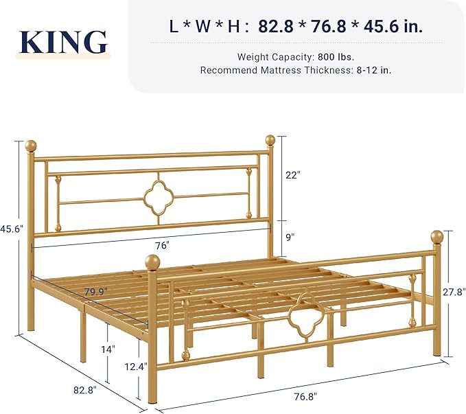 Allewie King Size Metal Platform Bed Frame with Victorian Vintage Headboard and Footboard/Mattress Foundation/Under Bed Storage/No Box Spring Needed/Noise-Free/Easy Assembly, Gold - LeafyLoom