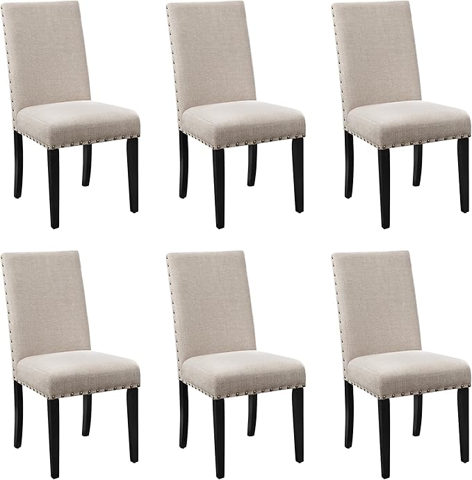 New Classic Furniture Crispin Dining Chair (Set of Six), 100% Polyester Natural Beige Fabric with Espresso Legs - LeafyLoom