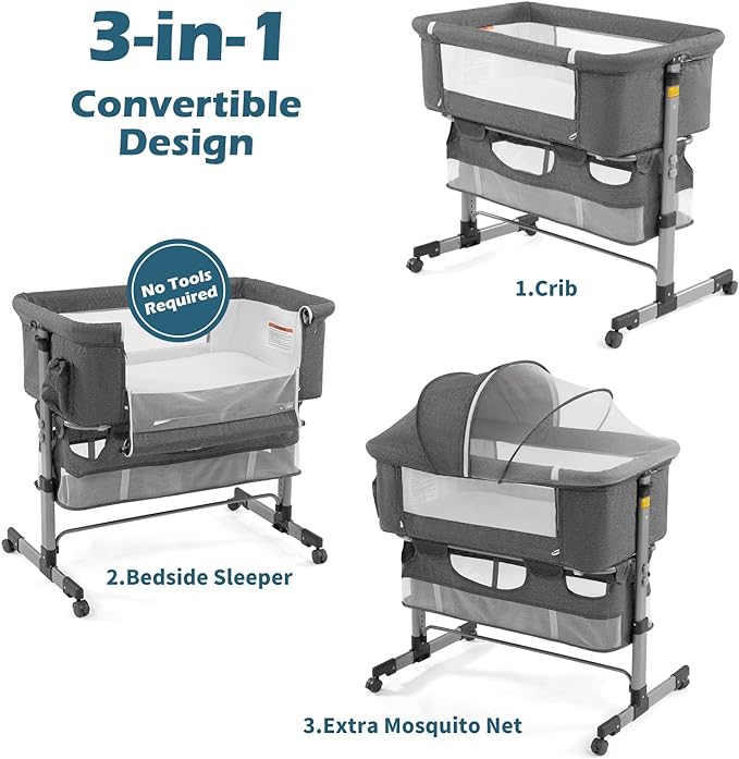 Bedside Sleeper Bedside Crib, Baby Bassinet 3 in 1 Travel Baby Crib Baby Bed with Breathable Net,Adjustable Portable Bed for Infant/Baby(Deep Grey) - LeafyLoom