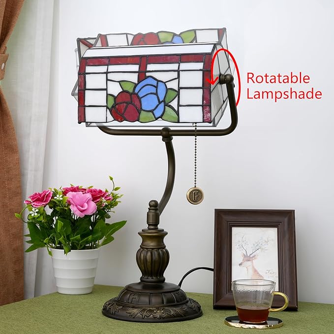 Bankers Lamp,Stained Glass Lamp,Dimmable Vintage Desk Lamp for Home Office Workplace Nightstand Bedroom Library Piano LED Bulb Included (roses) - LeafyLoom