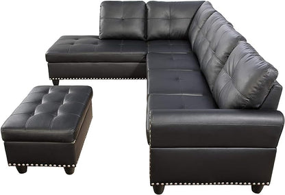 L Shaped Sofa with Ottoman Modern Nail-Head Design PU Sectional Couches with Chaise, Cup Holder for Living Room, Bedroom, Office, Leather Black - LeafyLoom