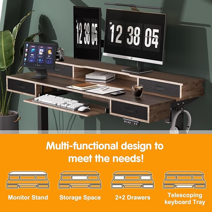 Electric Standing Desk, Multifunctional Standing Desk Adjustable Height, 63 * 24 Standing Desk with 4 Drawers, Ergonomic Adjustable Standing Desk with Keyboard Tray, Rustic Brown - LeafyLoom