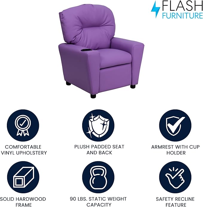 Flash Furniture Chandler Vinyl Kids Recliner with Cup Holder and Safety Recline, Contemporary Reclining Chair for Kids, Supports up to 90 lbs., Lavender - LeafyLoom