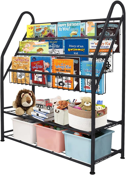 aboxoo Metal Kids Bookshelf Black Large Freestanding for Children Room 32 in Toy Organizer Large Stable Bookcase Bookstore Library Book Unit Storage Kids Bed Living Room - LeafyLoom