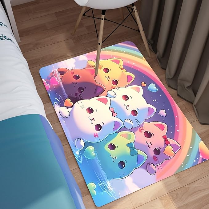 Rainbow Cat Rug for Girls - Colorful Cat Rug for Kids Bedroom Cute Cartoon Cat Pattern Rug Lovely Cat Rugs Room Decor Anime Cat Area Rug, 2x3 Feet - LeafyLoom