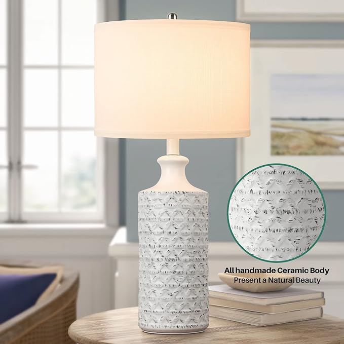 Brightever Farmhouse Ceramic Table Lamp, Modern Tall Desk Lamp for Bedroom with White Fabric Shade, Rotary Bedside Nightstand Lamp for Living Room, Office, Study, Bulb not Included - LeafyLoom