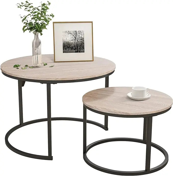 Industrial Round Coffee Table Set of 2 End Table for Living Room,Stacking Side Tables, Sturdy and Easy Assembly,Wood Look Accent Furniture with Metal Frame,Black+Teak Oak - LeafyLoom