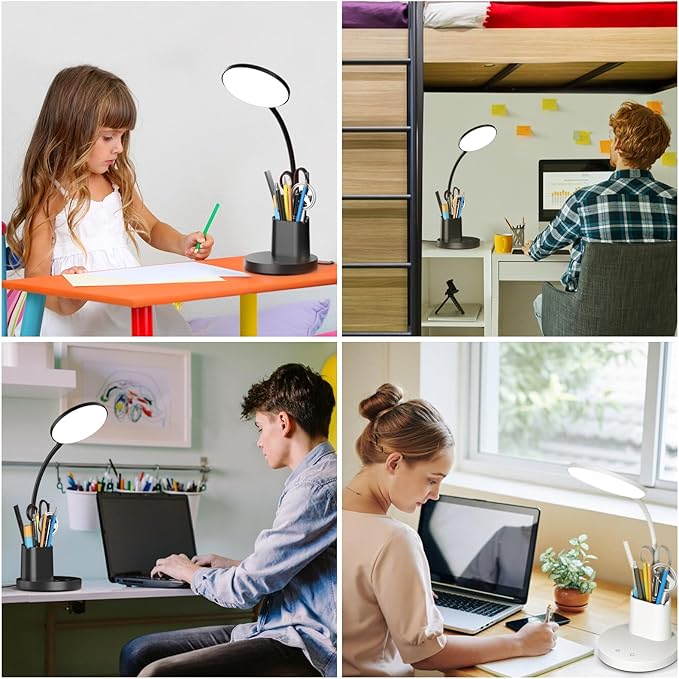 comzler Small Desk Lamp, LED Desk Lamps with Pen Phone Holder, Black Desk Light for Home Office,8W 3 Modes Dimmable LED Desk Light for Kids, Desktop Study Lamps for Bedrooms - LeafyLoom