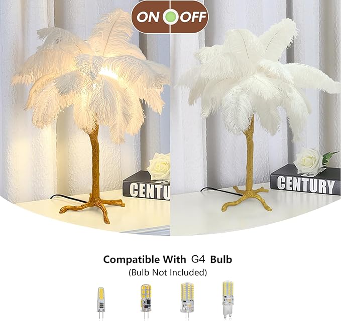 White Bedside Lamp Ostrich Feather Desk Lamp Gold Resin Ostrich Feather Table Lamp, Girls Gift Romantic Wedding Decoration Palm Tree Lamps G4*3 - LeafyLoom