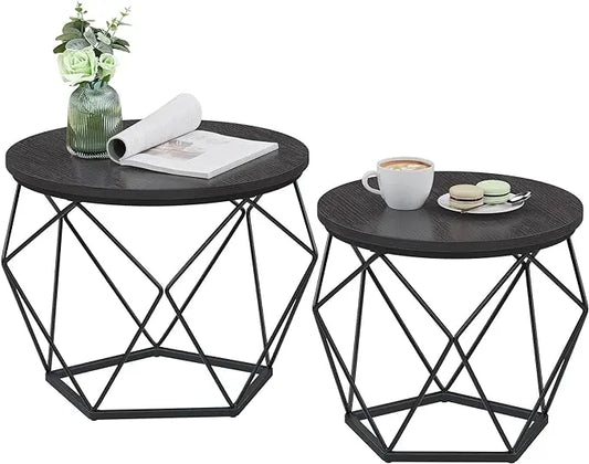 VASAGLE Small Coffee Table Set of 2, Round Coffee Table with Steel Frame, Side End Table for Living Room, Bedroom, Office, Charcoal Gray and Ink Black - LeafyLoom