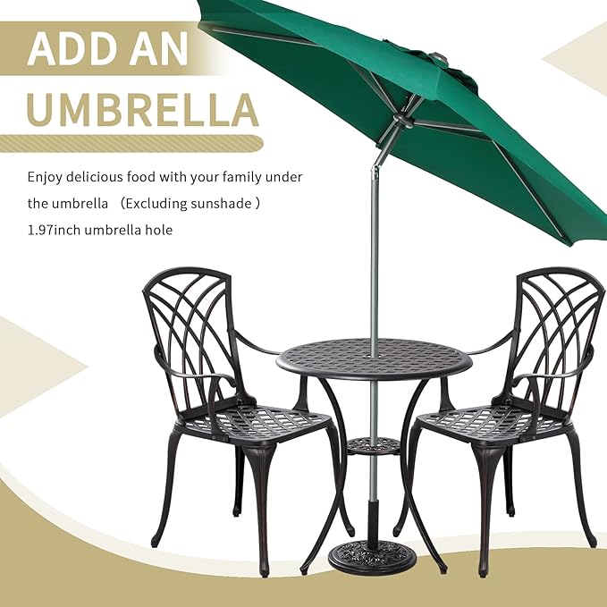 3 Piece Bistro Patio Set Cast Alumiunm Patio Furniture Set,All Weather Bistro Table and Chairs Set of 2 with 1.97" Umbrella Hole,Outdoor Patio Bistro Sets for Garden（Antique Bronze） - LeafyLoom