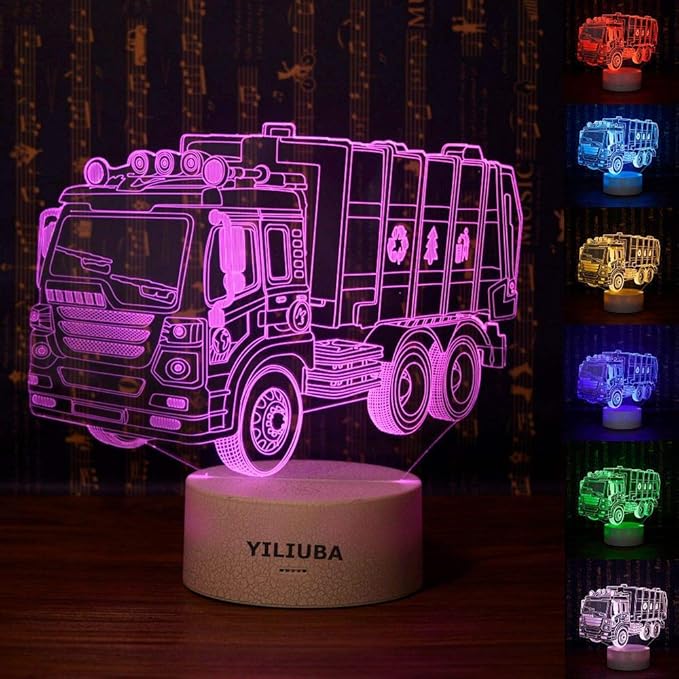 Garbage Truck Car Gift Night Lights for Kids 3D Lamp LED Desk Lamps for Boys Decor Bedroom Room USB plugs 7 Color Gradual Changing Truck Light or Birthday Xmas Party Festival Decor Children Gifts - LeafyLoom