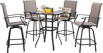 Shintenchi 5 Pieces Outdoor Swivel Bar Set, All Weather Textile Fabric Patio High Bar Stool Bistro Set with 4 Height Back Bar Chairs and Glass Table for Home, Backyard, Garden, Lawn, Porch - LeafyLoom