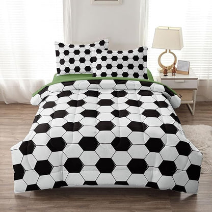 Soccer Comforter Set Twin for Boys Girls, 4 Pieces Soccer Bedding Twin Bed in a Bag Set with Sheets, Black and White Bed Sets for Teenage - LeafyLoom