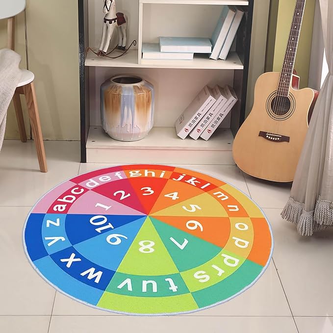 Eanpet Alphabet Circle Rug for Nursery 4ft Round Area Rug for Boys and Girls Nonslip Kids Carpet for Playroom Educational Baby Play Mat Large Indoor Floor Mats for Children Toddlers,Rainbow - LeafyLoom