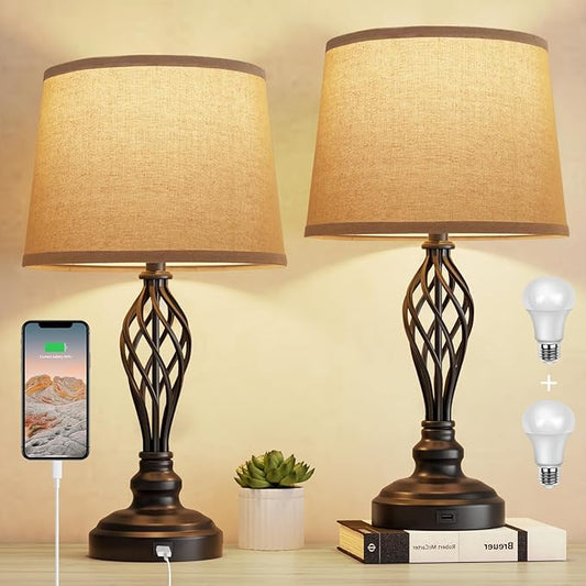 PARTPHONER Set of 2 Table Lamps with USB Port, Farmhouse Bedside Lamps with 3-Color Temperature, Nightstand Lamp Large Cream Drum Shade Spiral Cage Base Desk Lamps for Living Room, Home Bedroom - LeafyLoom