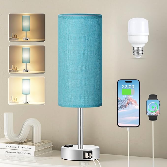 Turquoise Nightstand Table Lamp for Bedroom - 3 Way Dimmable Touch Lamp USB A and C Charging Ports and AC Outlet, Small Lamp for Office Desk with Metal Base, LED Bulb Included - LeafyLoom