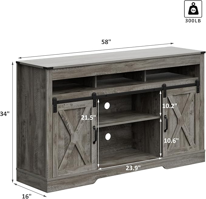 Farmhouse Stand for TVs up to 65+ Inch Tall Entertainment Center with Sliding Barn Door, Console Storage Cabinet for Bedroom, Living Room, Light Grey - LeafyLoom