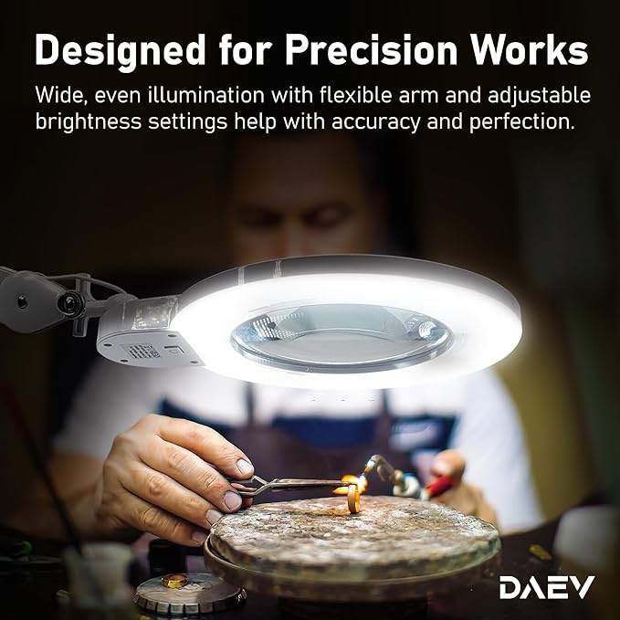 Desk Magnifying Glass with Light - DAEV - 7" Large LED Magnifying Glass with Clamp, Easy Change 5D (2.25X) and 3D (1.75X) Glass. 1600 Lumen, 6500K CCT Dimmable LED Magnifier with Light, White - LeafyLoom