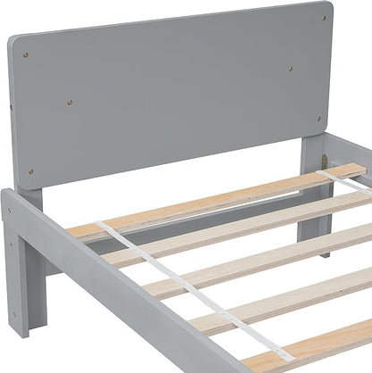 Twin Bed with Footboard Bench, Twin Kid Bed with Headboard, Wood Slat Support, Cute Kid Bed Frame with Book Storage Space, Twin Car Bed for Boys Girls Bedroom, No Box Spring Needed, Grey - LeafyLoom