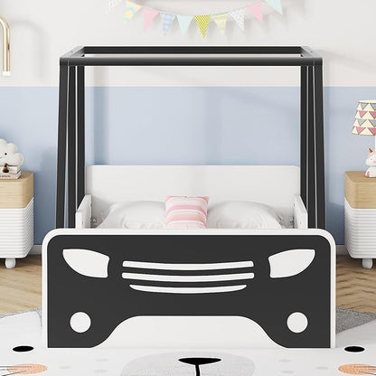 Twin Size Bed Car-Shaped,Twin Montessori Floor Bed Frame Car Bed with Wheels and Door,Solid Wood Twin Car-Shaped Platform Bed for Children, Boys, Girls, Toddler, Without Slats,Black - LeafyLoom