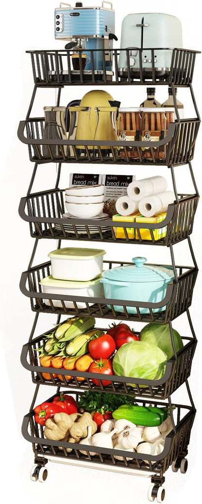 Wisdom Star 6 Tier Fruit Vegetable Basket for Kitchen, Fruit Vegetable Storage Cart/ Bins for Onions and Potatoes, Wire Storage Organizer Utility Cart with Wheels, Black - LeafyLoom