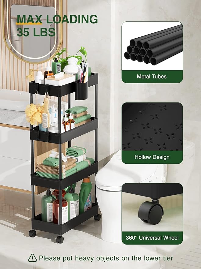 LEHOM Slim Rolling Storage Cart - 4 Tiers Bathroom Organizer Utility Cart Slide Out Storage Shelves Mobile Shelving Unit for Kitchen, Bedroom, Office, Laundry Room, Small Narrow Spaces Black - LeafyLoom