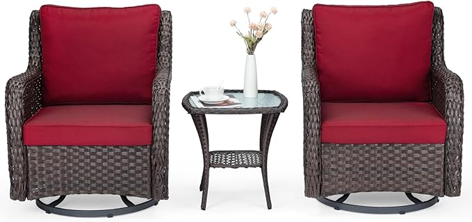 IDEALHOUSE 3 Pieces Outdoor Wicker Swivel Rocker Patio Set, 360-Degree Swivel Rocking Chair Elegant Wicker Patio Bistro Set with Tempered Glass Top Side Table (Rust Color) - LeafyLoom